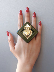 Anello cuore sacro rombo verde militare e oro